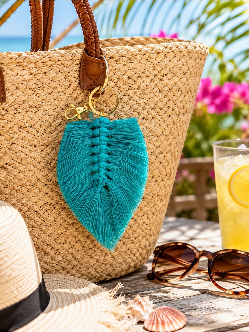 Boho Macrame Leaf Keychain Bag Charm Teal